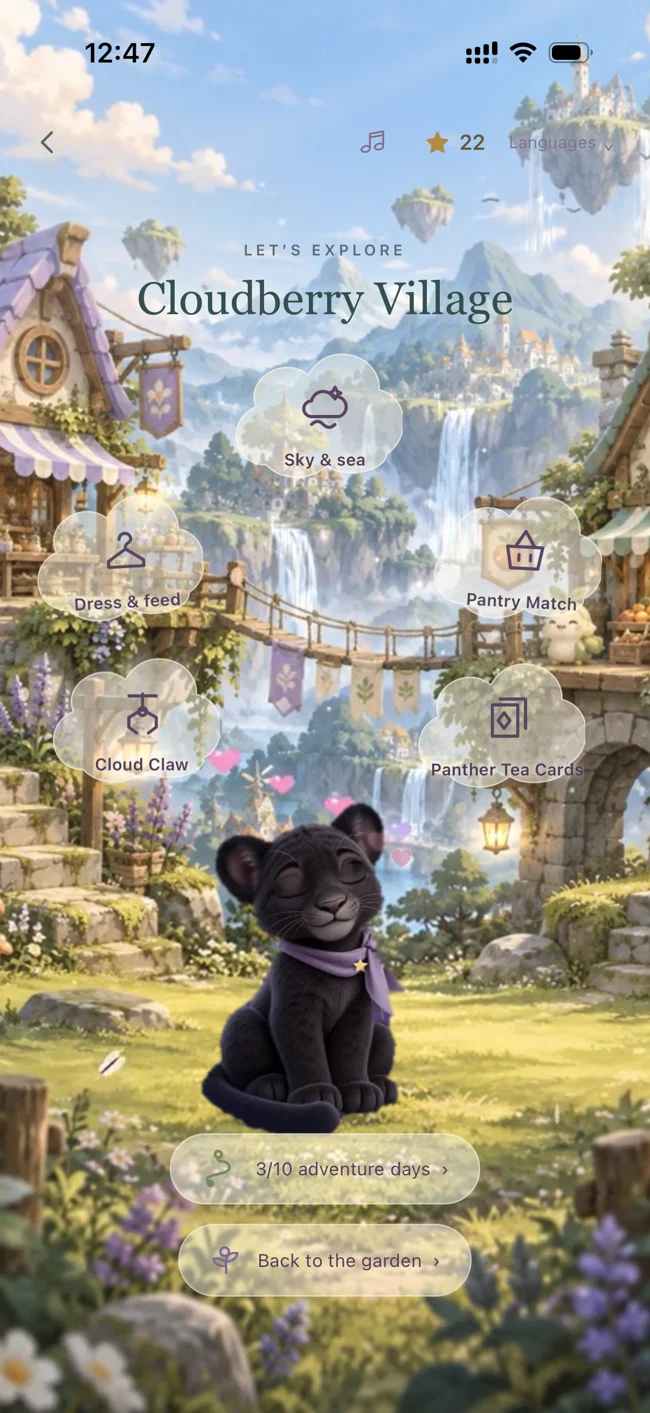 Cloudberry Village inside the app, with Panther and adventure choices